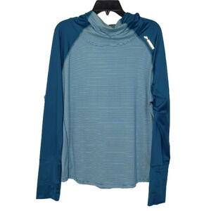 Brooks Turquoise Blue Striped Lightweight Run Happy Long Sleeve Hoodie -Sz Large